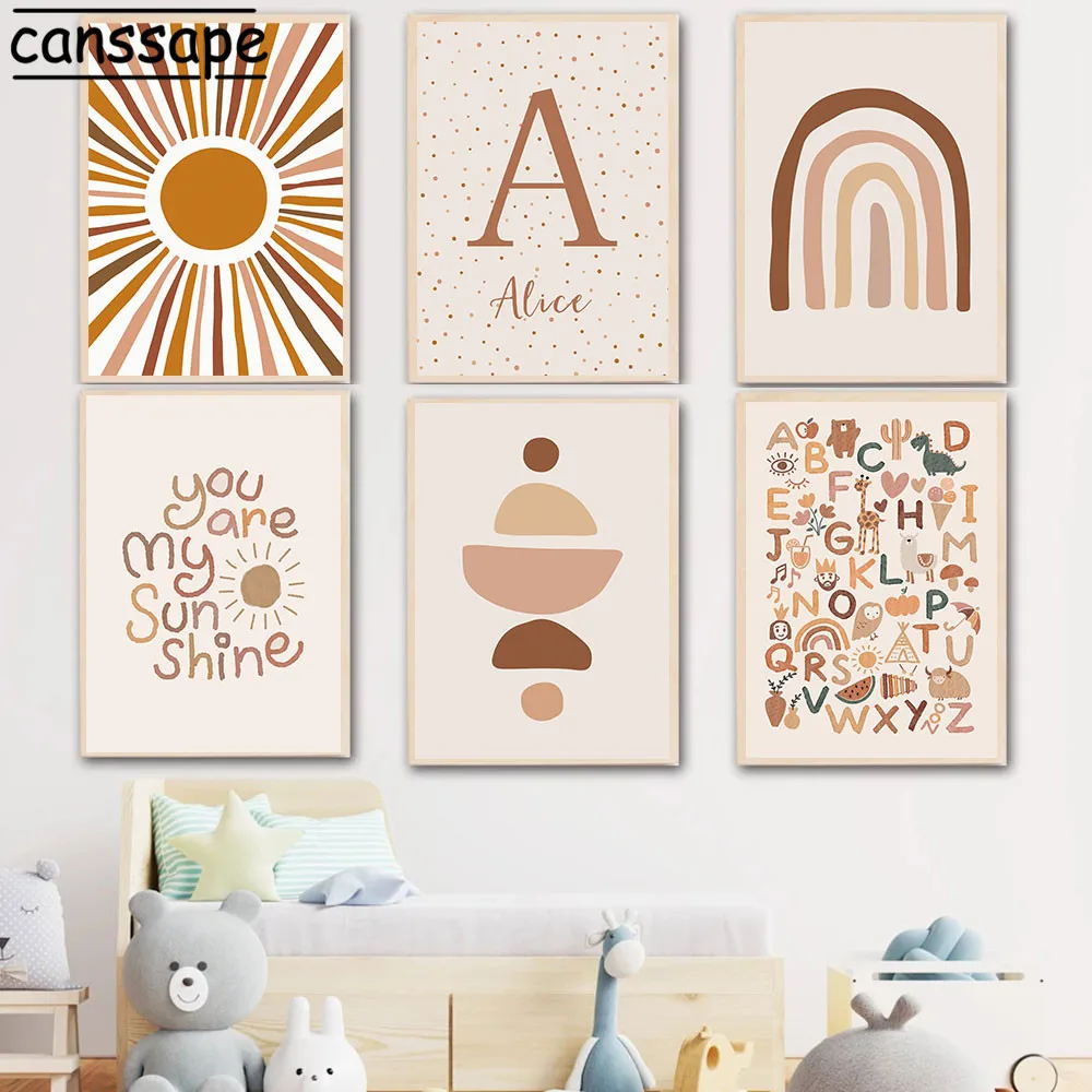 

Custom Name Poster Alphabet Wall Posters Sun Rainbow Canvas Painting Nursery Prints Boho Wall Art Print Picture Baby Room Decor