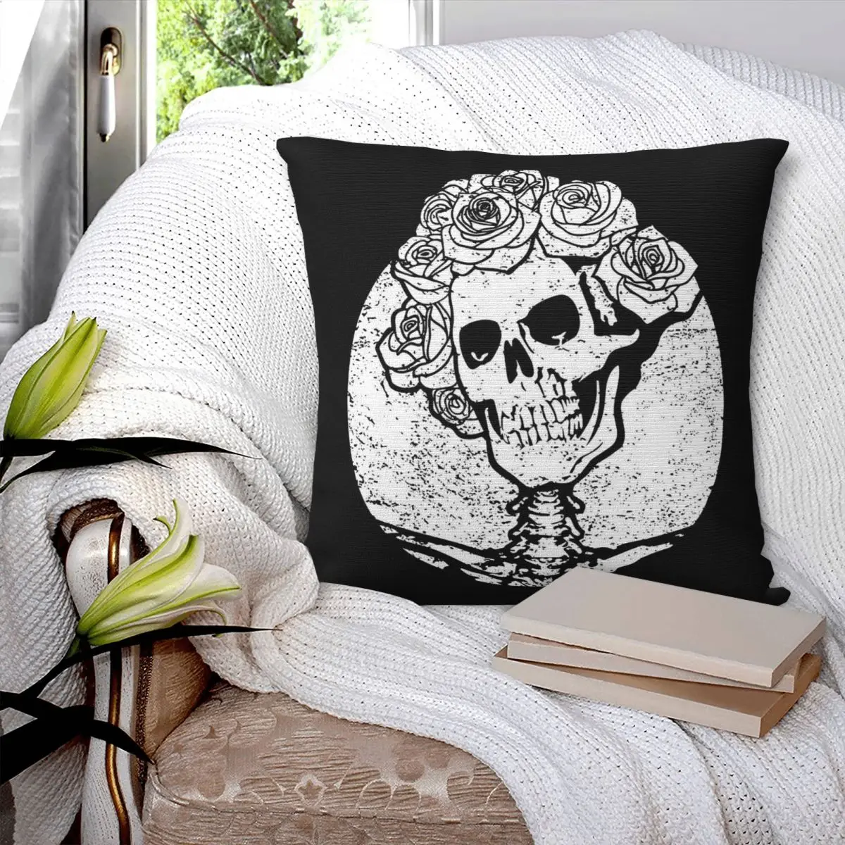 Фото Квадратная наволочка Grateful Dead Skull & Roses из полиэстера, льна и бархата с принтом, декоративная наволочка на молнии, чехол для домашней подушки №3