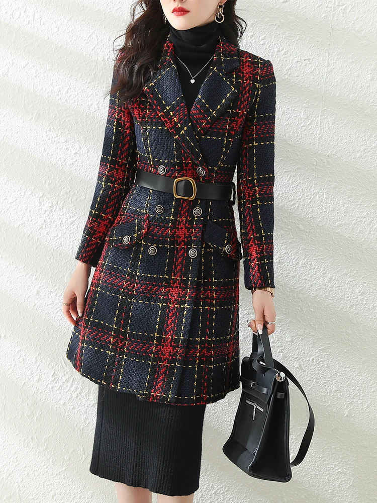 Women Long Casual Plaid Blazer Triple Breasted Jacket Elegant Ladies Red Blue Long Sleeve Female Vintage Coat