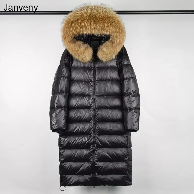 

New2022 Big Real Raccoon Fur Hooded Long Puffer Jacket Women Shiny Patent Leather Parkas Winter 90% Duck Down Coat Waterproof