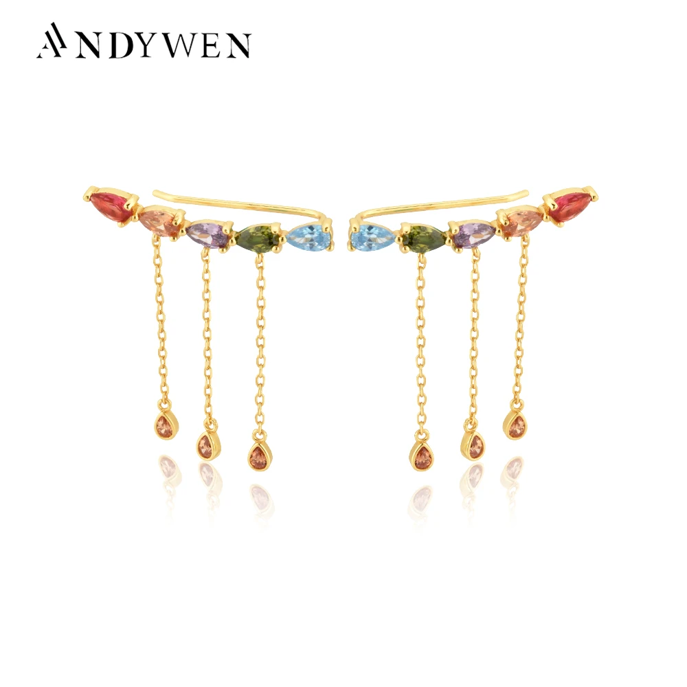 

ANDYWEN 925 Sterling Silver Five Zircon Ovals Climber Drop Charm Pendant Pendiente Drop Earring Line Luxury Jewelry For Women