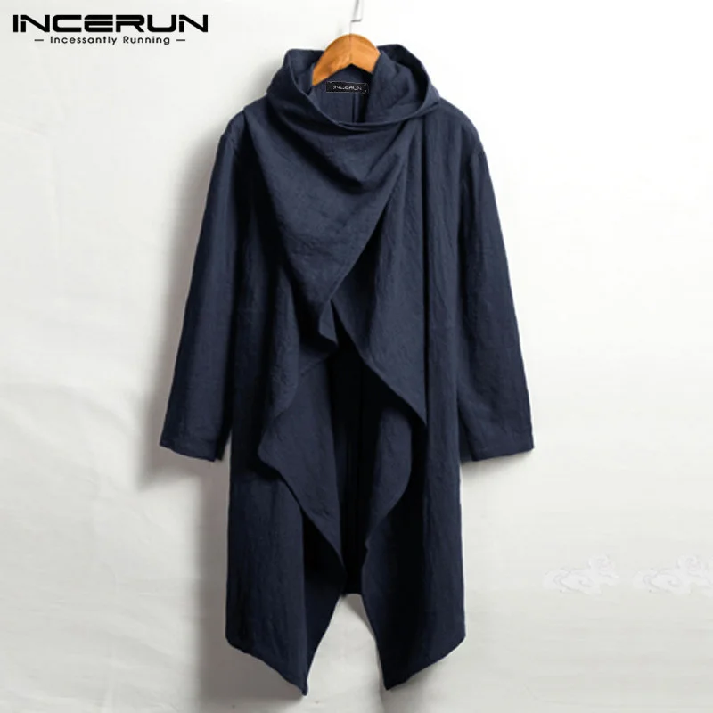 

INCERUN 2023 Vintage Men Trench Coats Cotton Ponchos Scarf Collar Long Sleeve Cloak Irregular Jackets Solid Streetwear Outerwear