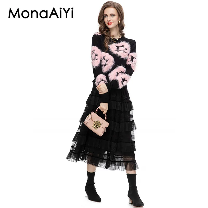 Осеннее темпераментное плюшевое платье MonaAiYi с принтом и круглым вырезом высокой