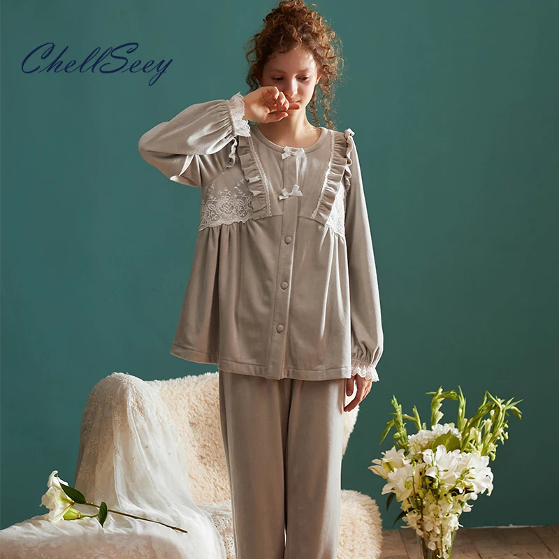 

Chellseey Autumn And Winter Pajamas Lace Loose Solid Color Ladies Long-Sleeved Trousers 2-Piece Suit Plus Velvet Warm Cardigan