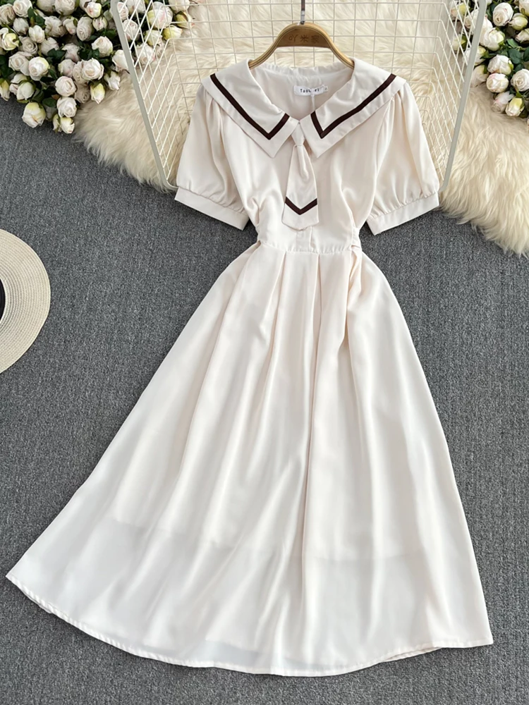 

Fitaylor Summer Fashion Casual Peter Pan Collar Bubble Sleeve High Waist Slim Dress Elegant Solid Short Sleeve A-Line Dresses