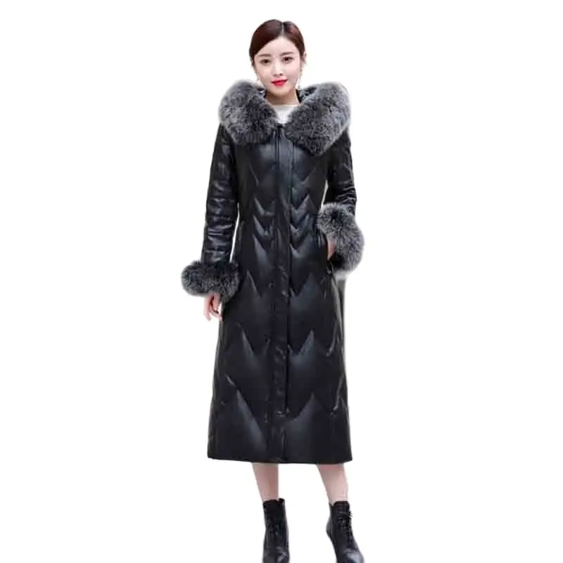 

Leather Down Jacket Women's Knee-length Largesize Korean Version Of Slim Haining Sheepskin Fox Fur Collar Leather Jacket Women