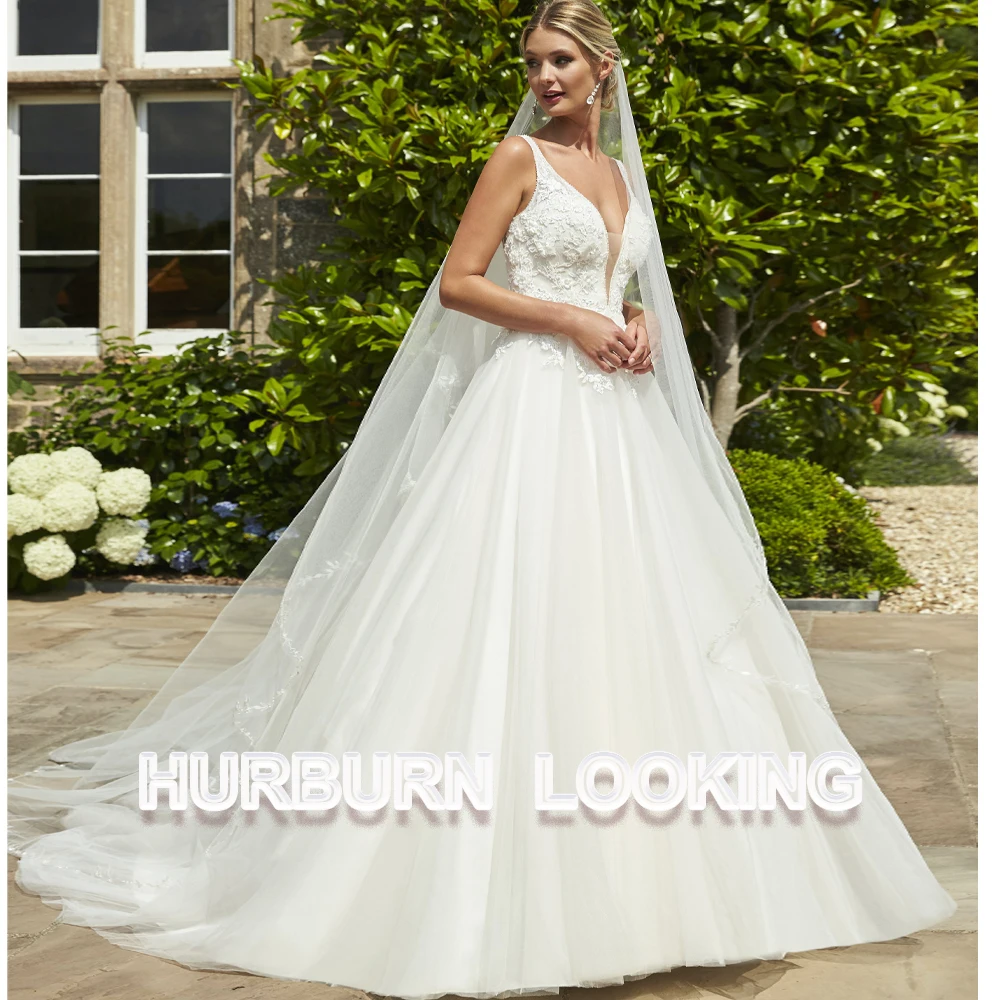 

HERBURN Classic A-Line Wedding Dress Bridal Deep V-Neck Sexy Tank Sweep Train Delicate Beauty Customize New Arrival Occasion
