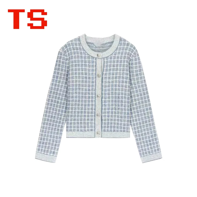 

Office Lady Jacket 2023 Early Fall New Women's French Temperament Long-sleeved Blue Plaid Round Neck Knitted Cardigan Women