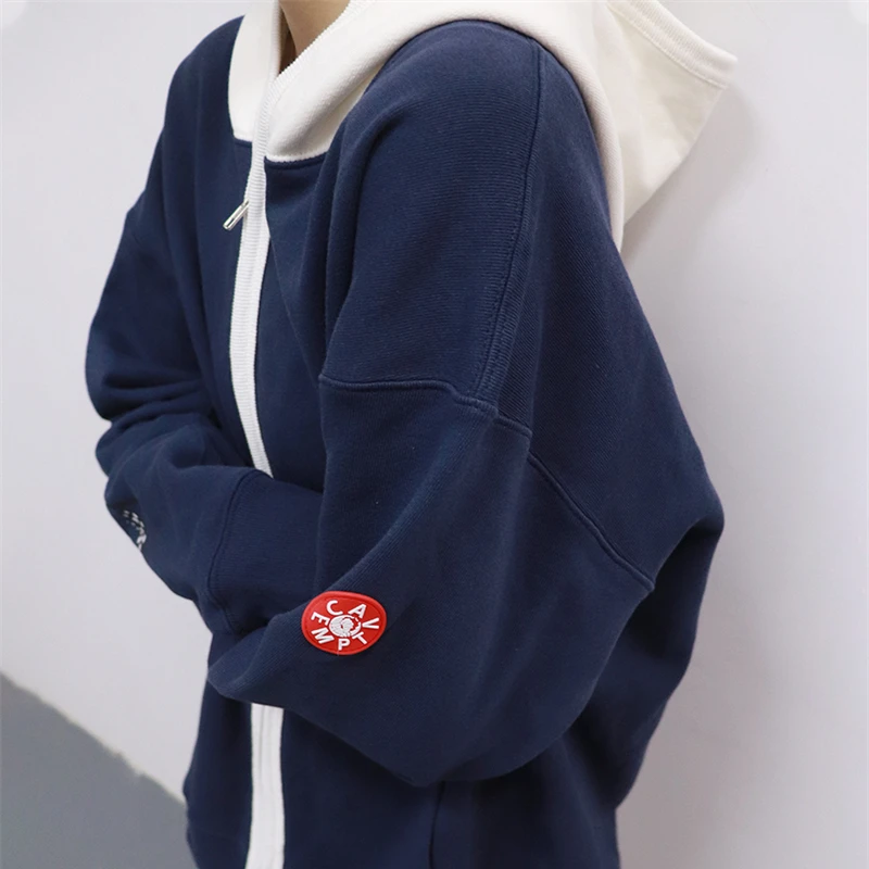 

CAVEMPT C.E Japanese Style Sapphire Blue Taoist Robe Color Block Hooded Sweater Men's and Women's Jackets Top