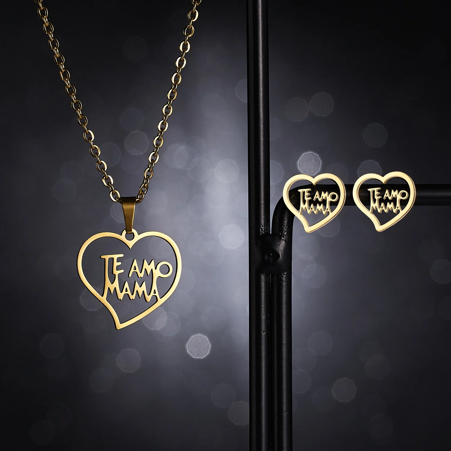

Mother's Day Gift Mama Heart Pendant Necklace Earrings Set For Women Gold Color Stainless Steel Chain Choker Fashion Jewelry