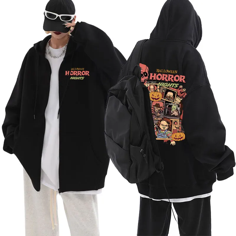

Halloween Horror Nights Scary Character Spooky Series Movie Ghostface Chucky Graphic Zipper Hoodie 90s Vintage Men Zip Up Jacket