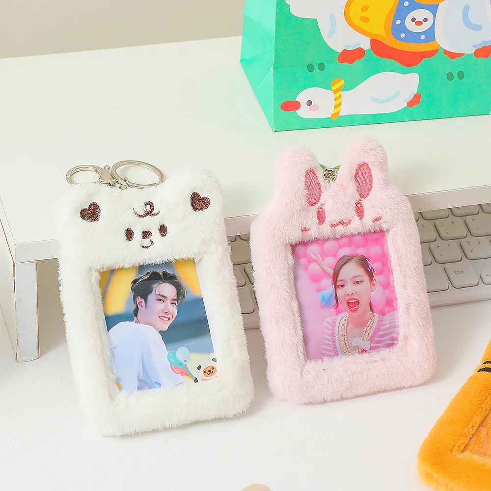 New Plush Bear Rabbit Korea Idol Photocard Protector Case For Women Girls Cute Keychain ID Credit Bank Star Photo Card Holder