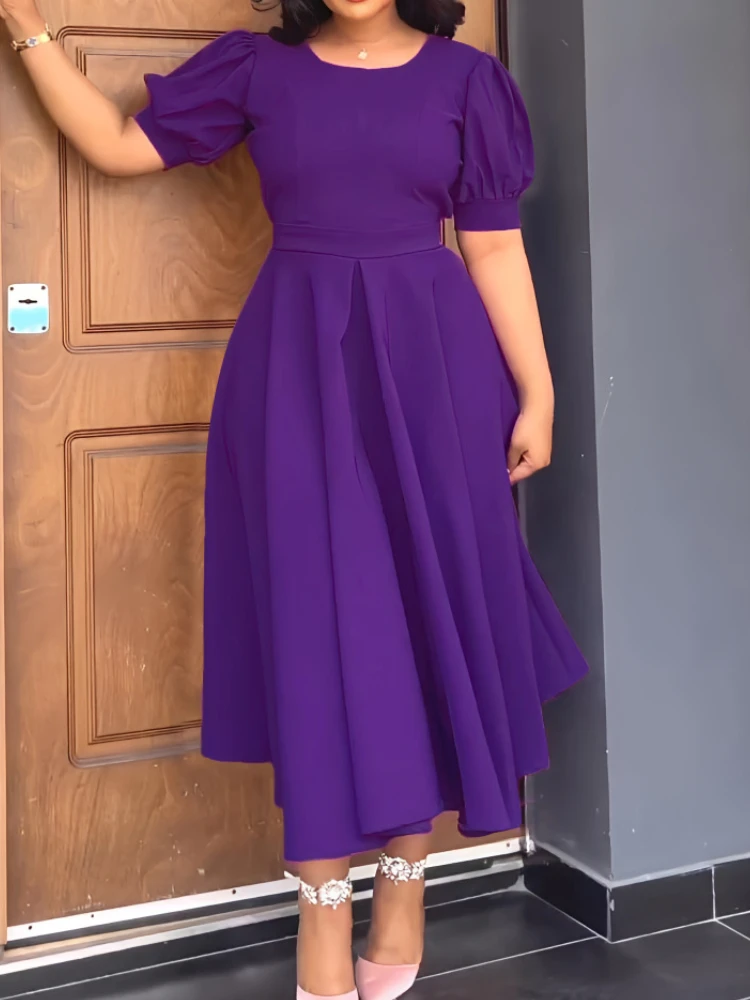 

Женское ТРАПЕЦИЕВИДНОЕ ПЛАТЬЕ С Высокой Талией, плиссированное, с открытой спиной, с круглым вырезом и короткими рукавами-фонариками, элегантное офисное платье, летнее модное платье, Новинка