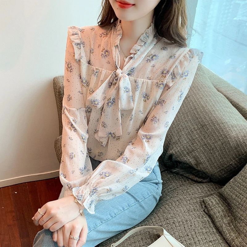 

Spring 2022 new gentle floral ruffled bow tie chiffon shirt jacket, 985a,hai,0314-15