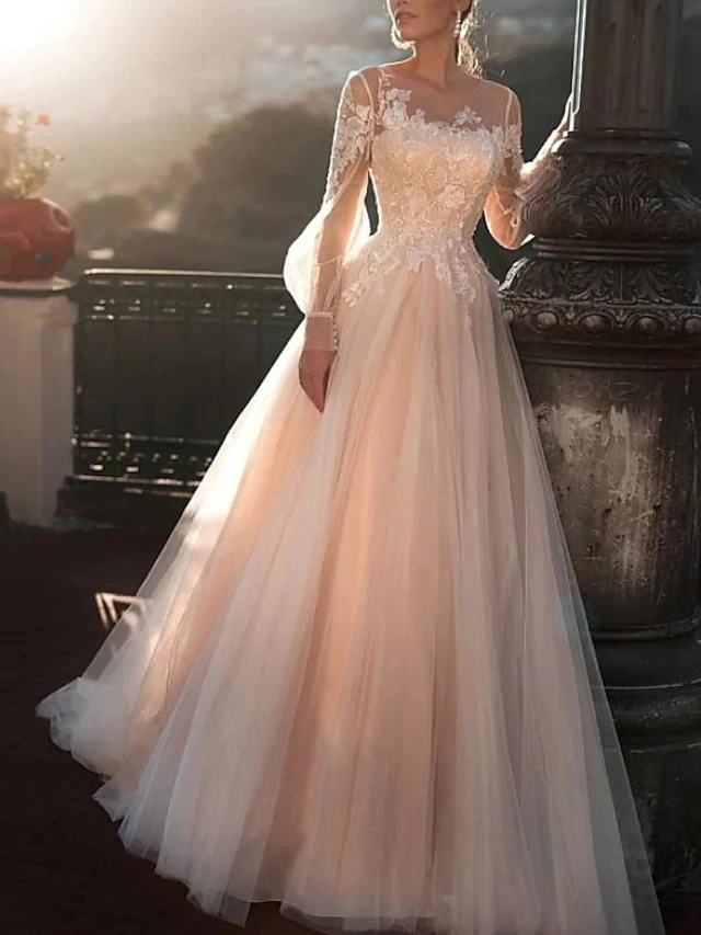 

A-Line Wedding Dresses Jewel Neck Sweep Train Lace Tulle Long Sleeve Sexy See-Through with Embroidery Appliques Bridal Gowns