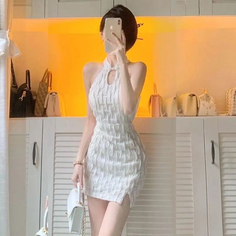 Женское винтажное короткое платье без рукавов с открытыми плечами и разрезом