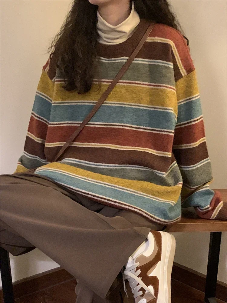 Японский Полосатый Свитер В Стиле Ретро Большой Размер Вязаный Пуловер