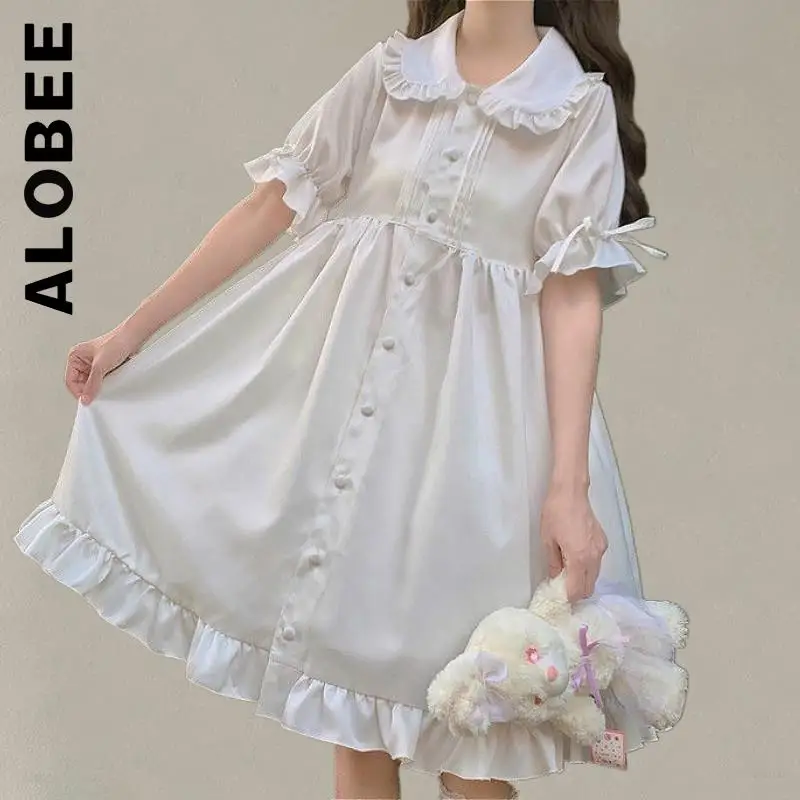 

Alobee Women New Dress Sweetie Loose All-match Students Solid Trendy Knee-length Vintage Girl Robe Slim Elastic Female Clothing