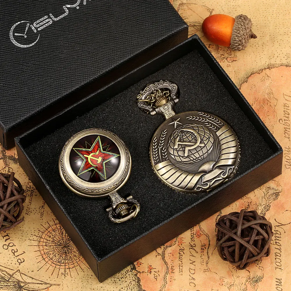 Big Retro Quartz Pocket Watch Necklace Communist Soviet Union Pocket Watch Badge Pendant Souvenir 2PCS Gift Set for Men