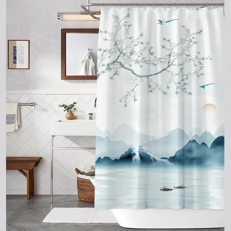 

Ink Landscape Painting Shower Curtain Rental Room Partition Bathroom Waterproof and Mildew Proof Curtains Free of Perforation