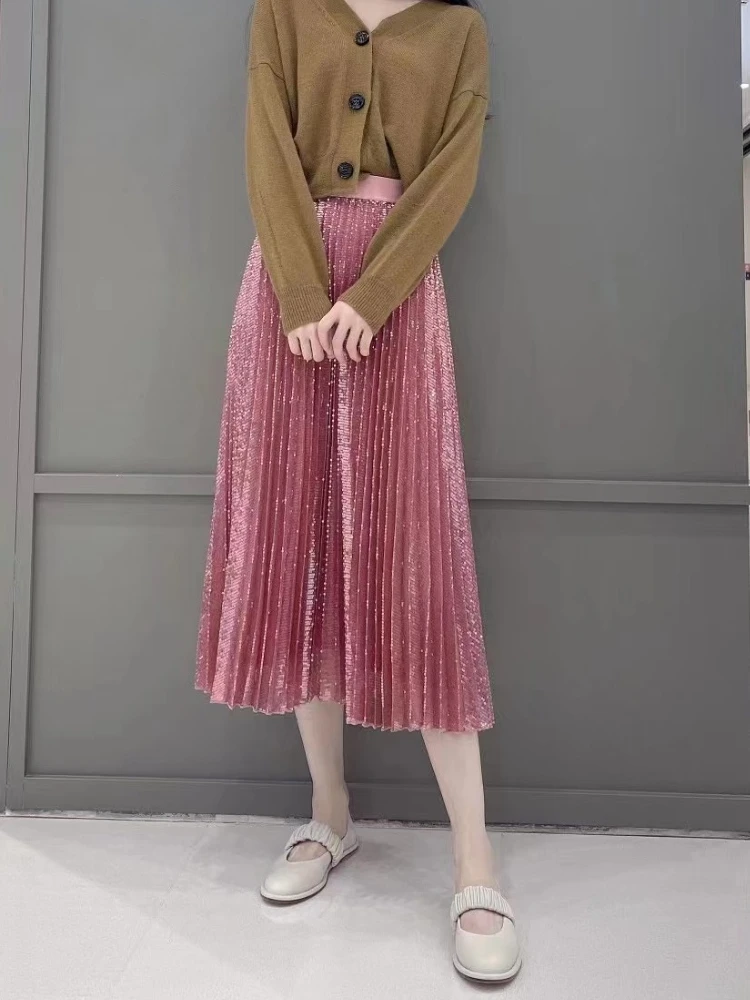 

Женская плиссированная юбка из тюля, элегантная длинная розовая юбка с блестками и вышивкой, до середины икры, с высокой талией, весна-лето