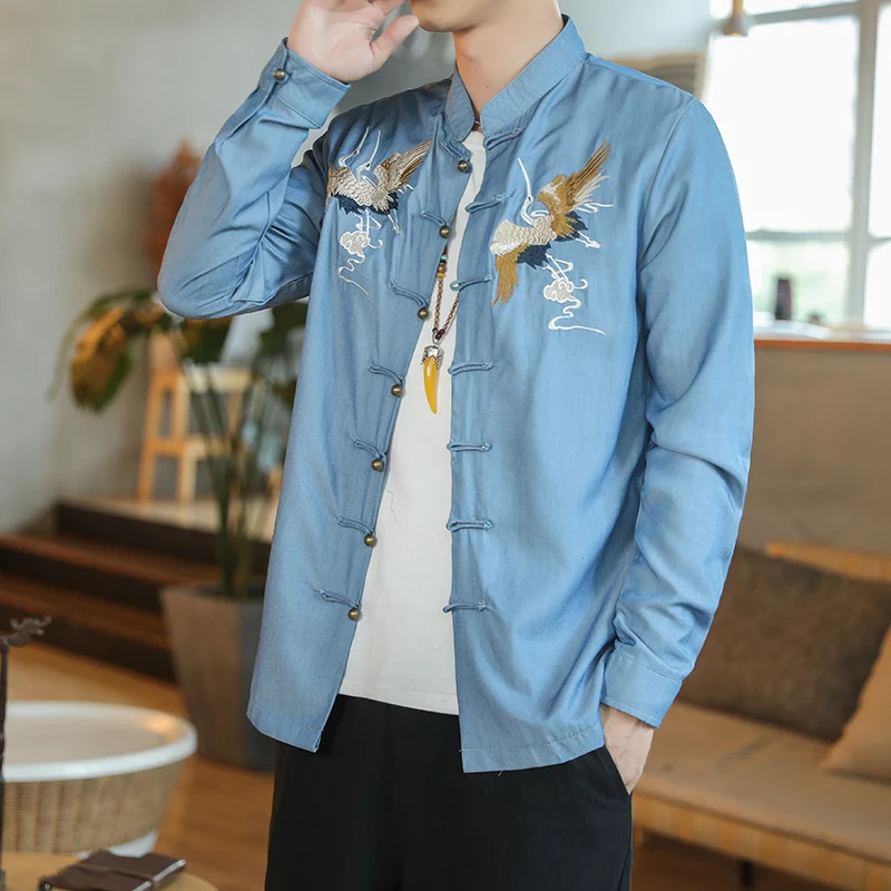 

Mens Chinese Style Embroidered Jacket 2022 Cotton Linen Tang Suit Wudang Disc Button Chinese Tunic Suit Tops Men Cloting