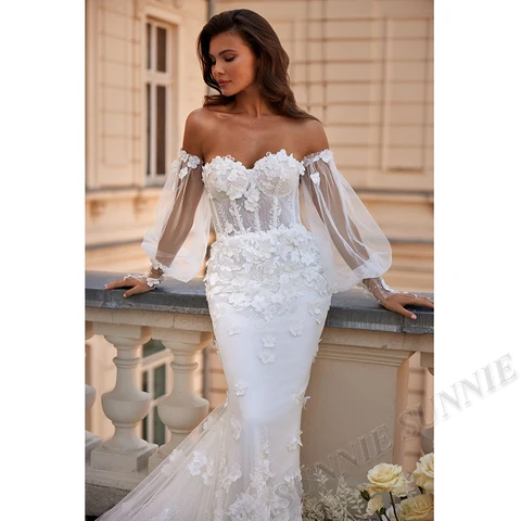 Mermaid Wedding Dresses for Women 2023 Bride Floweres Sweetheart Long Puff Sleeve Trumpet Beading Custom Made Vestidos De Novia
