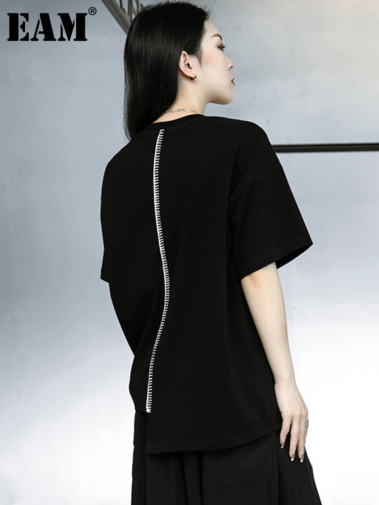 

[EAM] Women Black Line Spliced Big Size Casual T-shirt New Round Neck Short Sleeve Fashion Tide Spring Summer 2022 1DD9650