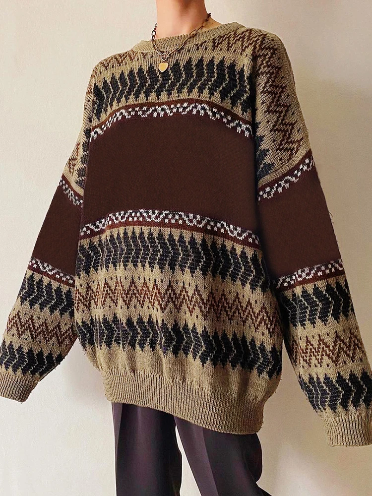 

WeiYao Vintage 90S Oversized Sweaters ForWomen Grunge Pattern O Neck Casual Long Sleeve Pullover Autumn Winter 2022 Streetwear