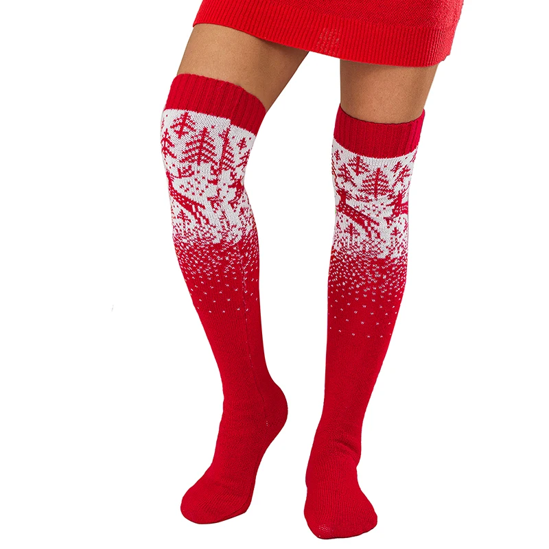 

Women Christmas Knitted Long Stockings Fashion Elk Tree Print Thigh High Boot Socks Winter Over Knee Leg Warmers