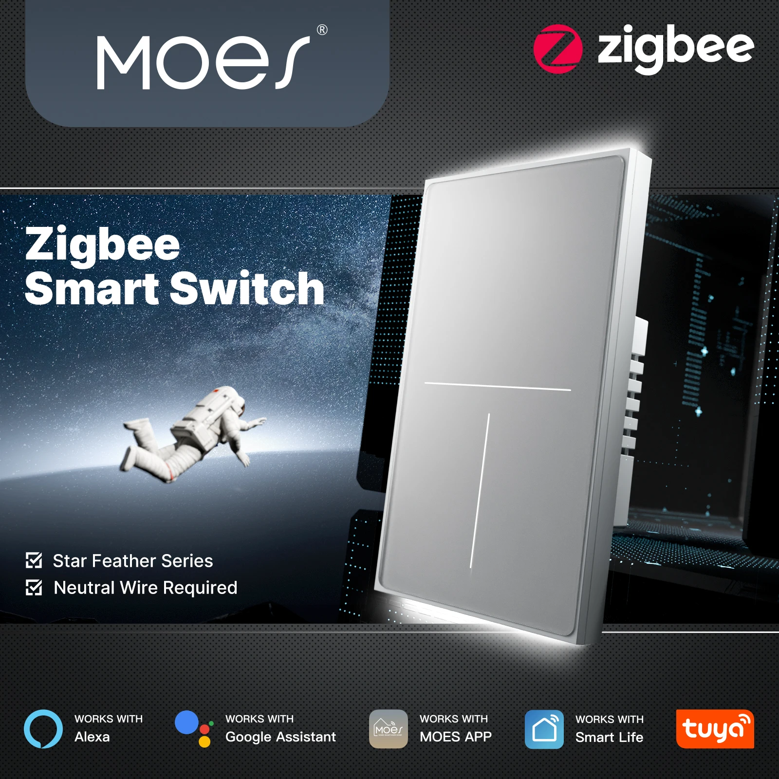 Фото MOES Tuya ZigBee Star Feather Switch США Smart Air Touch со сценой нейтрального света 2в1 Приложение Дистанционное управление с Alexa Google Home №1