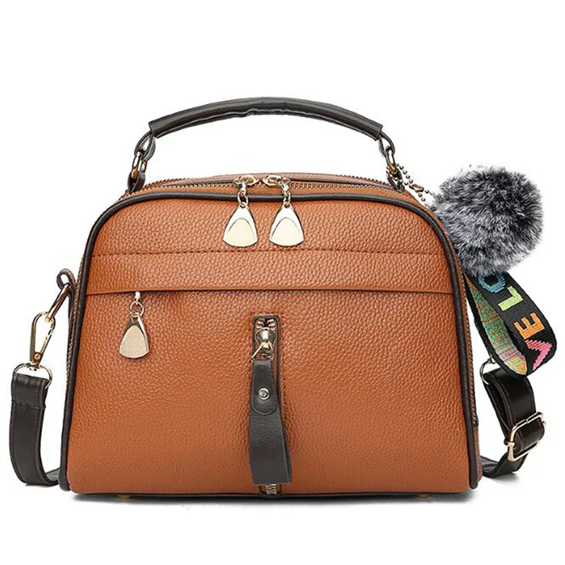 

PU Leather Women HandBags 2023 Messenger Bag Fur Ball Crossbody Flap Bags Female Shoulder Bag Solid Color Handbags