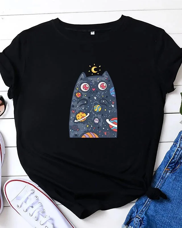 

Женская футболка с принтом планеты, кота, головы, свободная женская футболка с коротким рукавом и круглым вырезом, женские футболки, топы, од...
