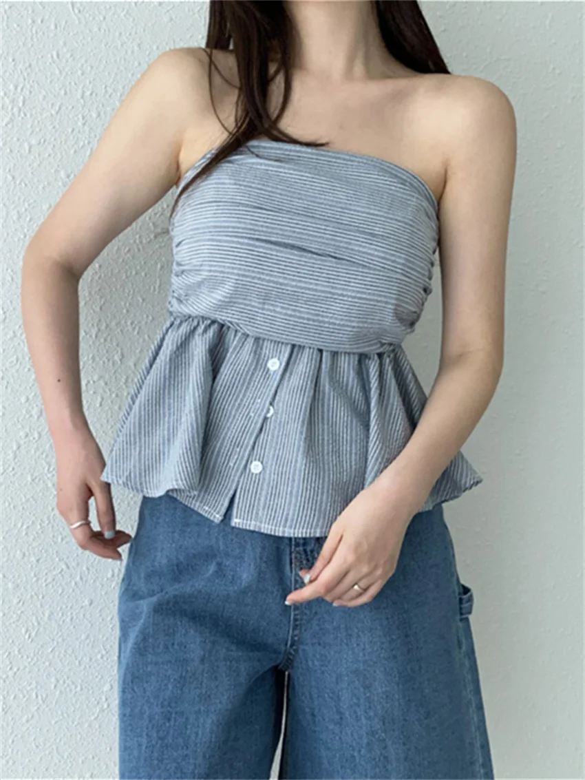 Женская приталенная Майка в полоску без рукавов с открытыми плечами