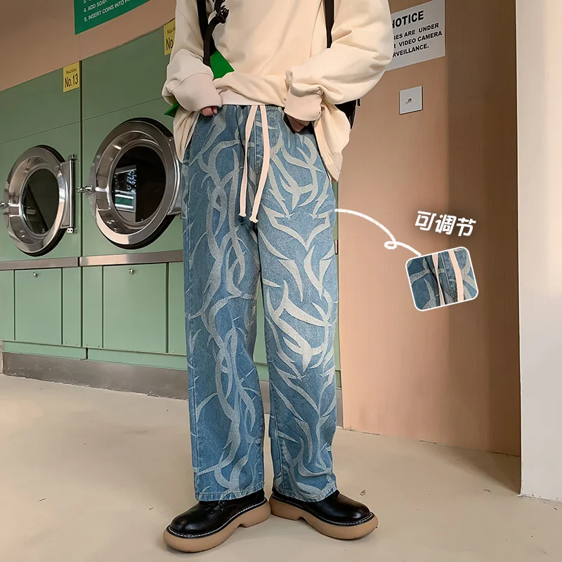 New Y2K Men's Printed Denim Pants Straight Casual Jeans Fashion Streetwear Japan Style Retro Drawstring Mopping Trousers Casual