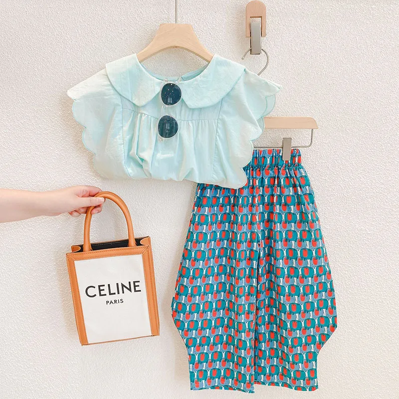 

Girls Doll Collar Wavy Sleeveless Top Wide Leg Pants Two Piece Set Kids Boutique Clothing Wholesale Girls Clothing Set