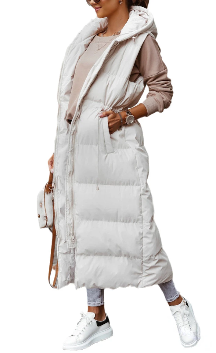 New Hooded Long Cotton Jacket  Waistband Waistcoat Casual Loose Fashion Warm Single Breasted Sleeveless Coat Women