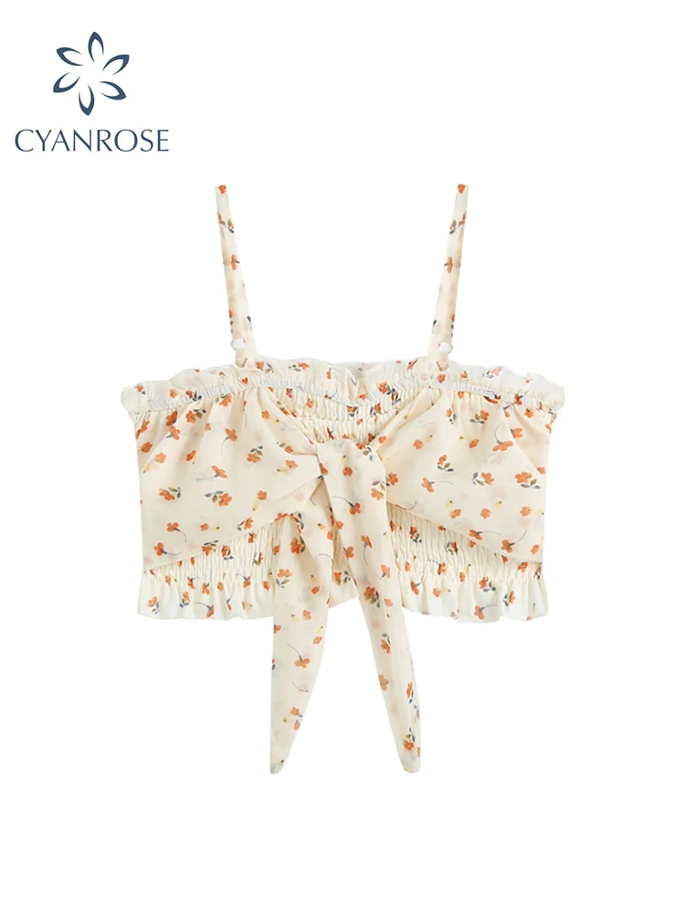 

Women Floral Print Camisole 2022 Summer Sexy Off Shoulder Tank Top Casual Sweet Crop Tops Female Vintage Sleeveless Kawaii Vest