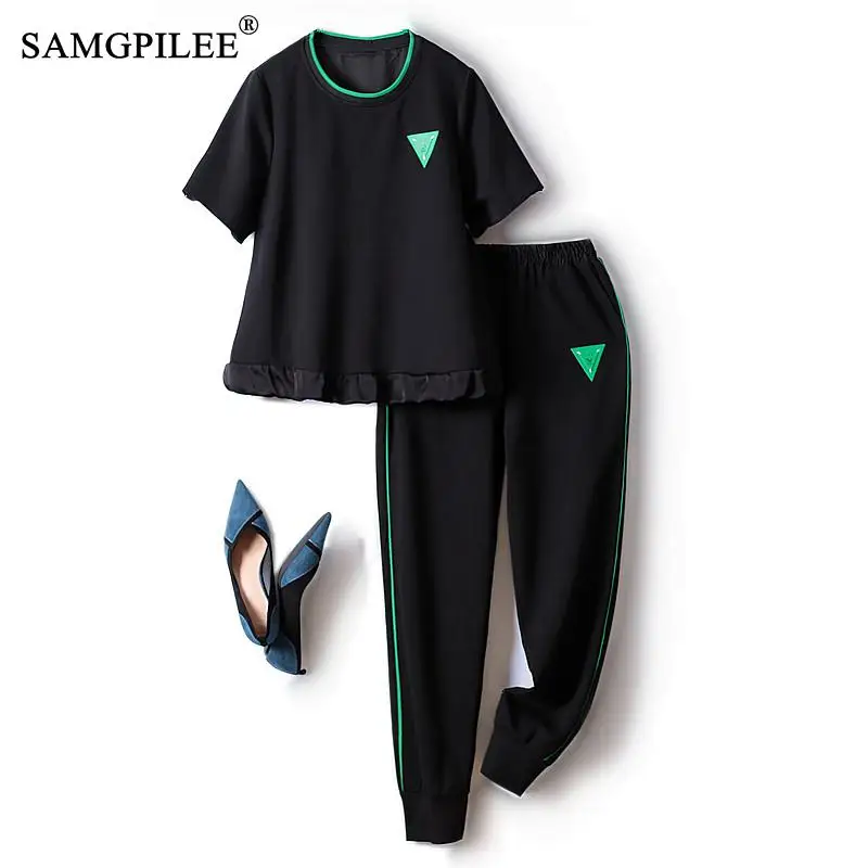 2022 Summer European Light Luxury Acetic Acid Stitching Space Cotton Sweater Patch Bunched Harem Pants Casual Women's Tracksuit