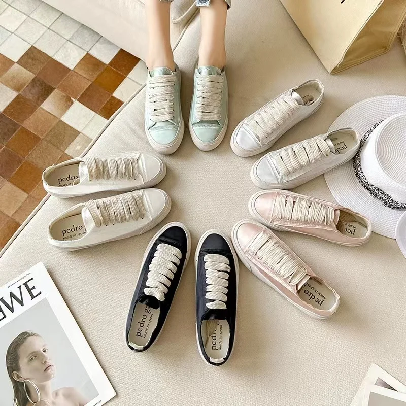 2022 New Satin Shoes Spanish Ribbon Women's Commuter Shoes Flat Shoes Casual And Comfortable Soft Bottom White Shoes Women