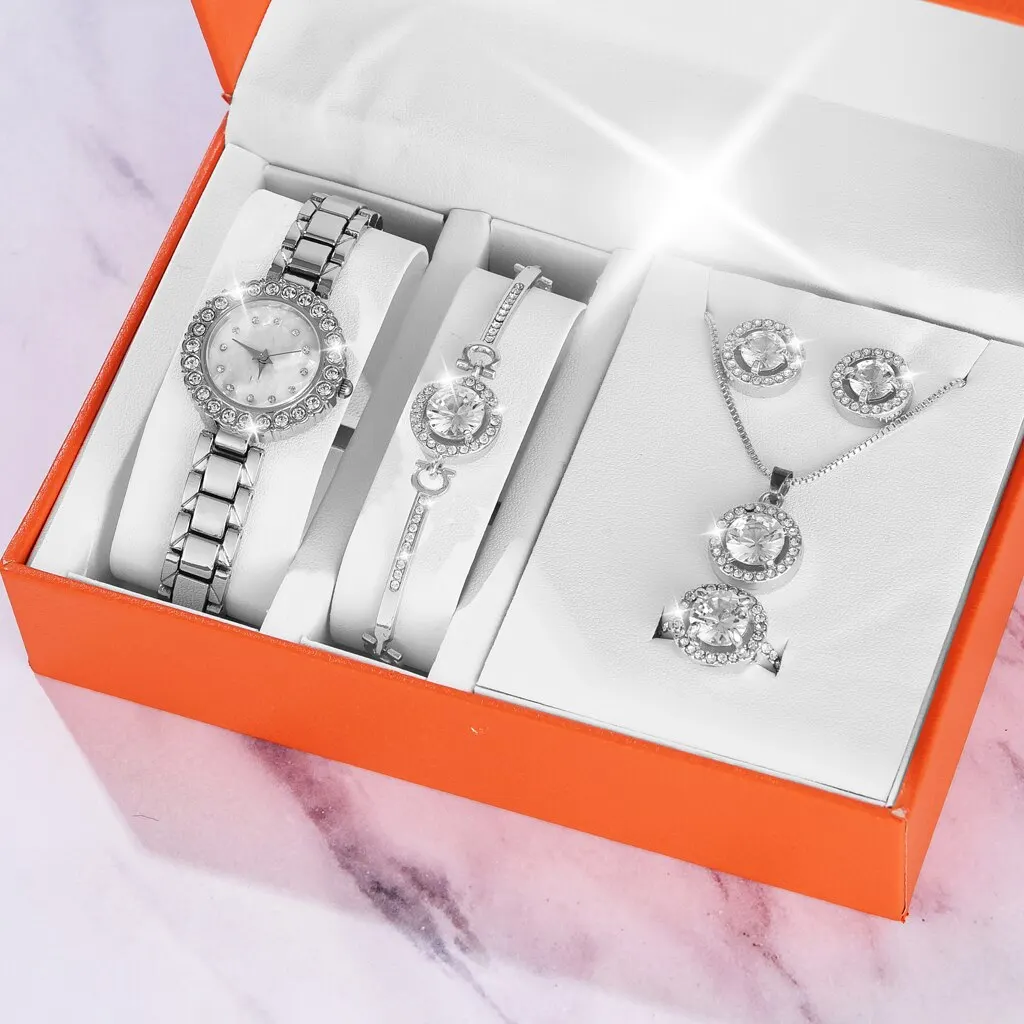 6PCS Set Luxury Watch Women Ring Necklace Earrings Rhinestone Clock Fashion Wristwatch Female Casual Ladies Watches Bracelet