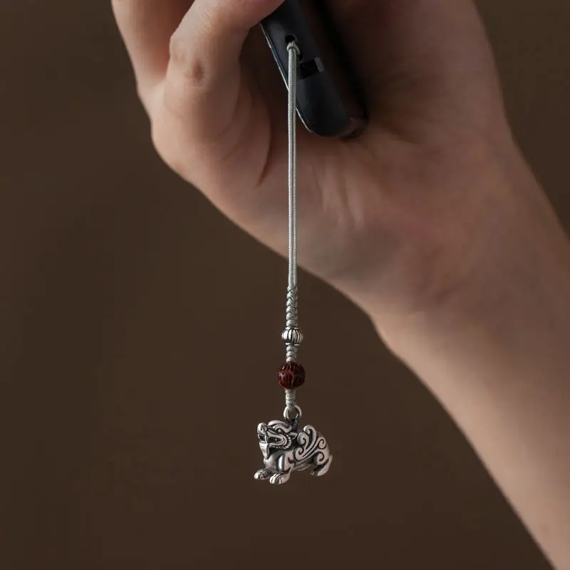 

Sterling Silver Pixiu Mobile Phone Strap Short Chinese Style Caiyuan Mobile Phone Chain Pendant U Disk Pendant for Men and Women