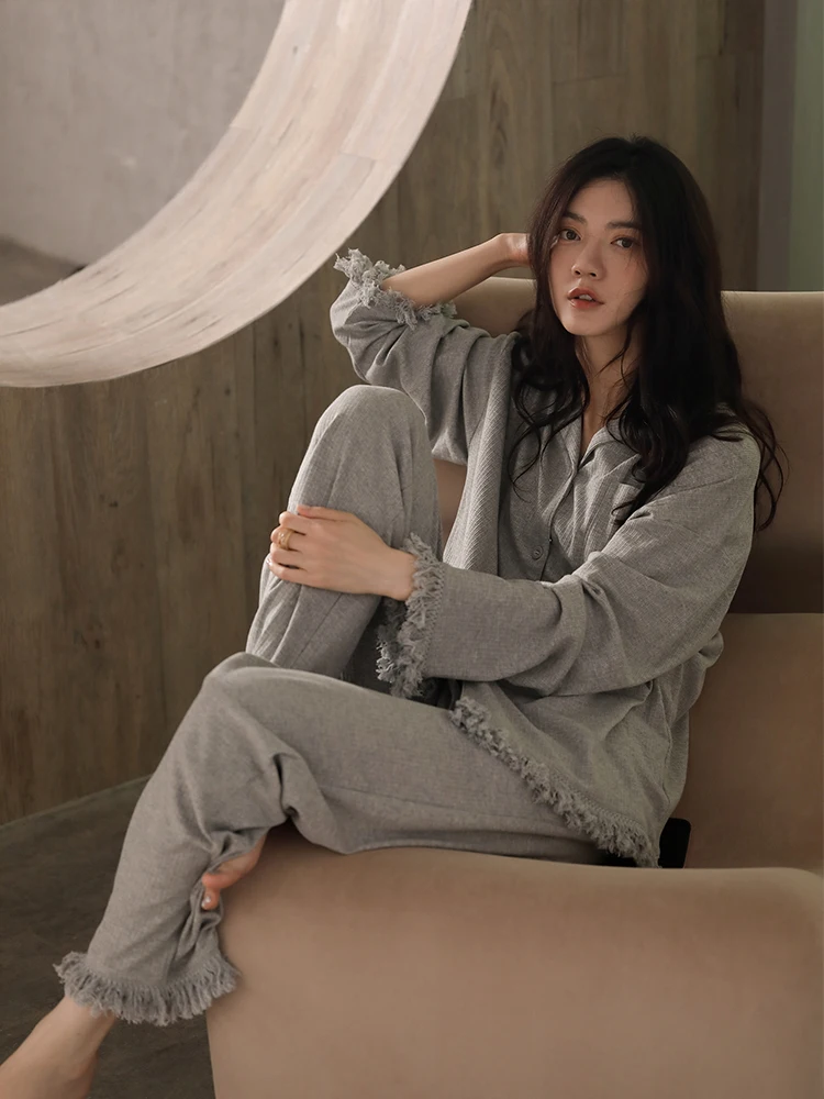 

Pajamas Women's Spring and Autumn Pure Cotton Thin Autumn and Winter Home Clothes Women's Simple Loose Outer Wearing Suit