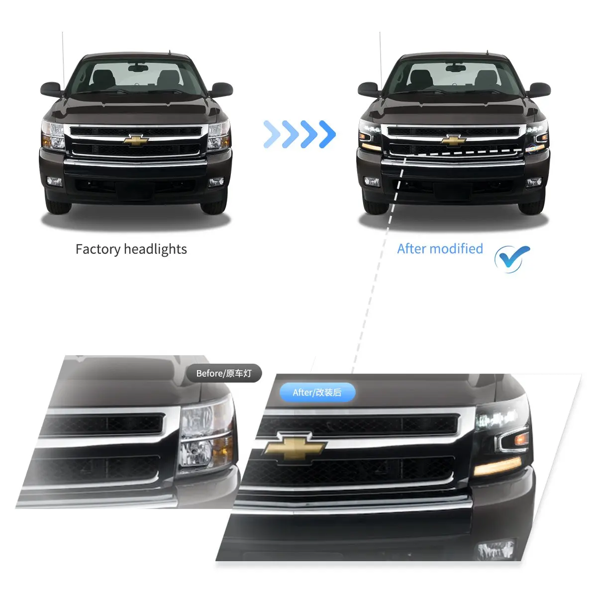 Vland 07-13 Chevrolet Silverado 2-го поколения: светодиодные матричные фары-проекторы, черные, для грузовиков, улучшенная версия (art.: 3920d95dabe0c) - 3920d95dabe0c
