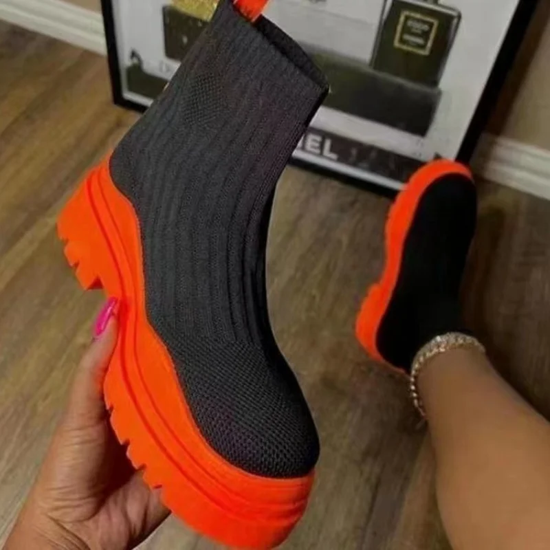 

Women Ankle Boots Knitted Sock Platform Female Slip-on Ladies Casual Comfortable Concise Fashion 2023 New Studens Short Boots