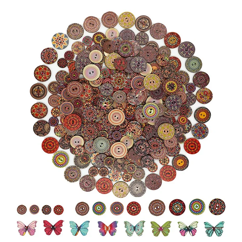 

300Pcs Vintage Wooden Buttons 2 Holes With Various Flower Patterns Mandala Butterfly Craft Supplies Fit For DIY Sewing