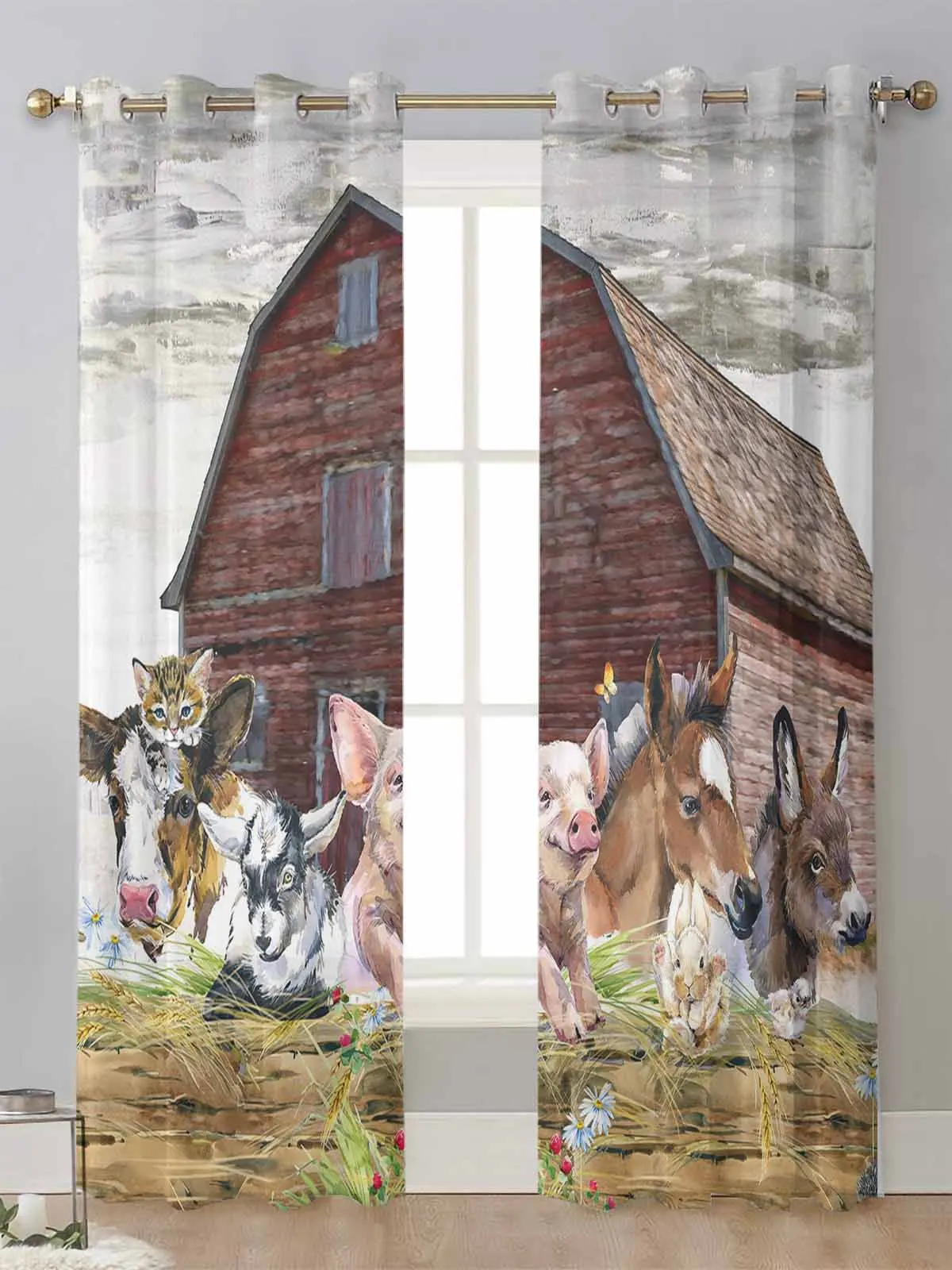 

Farm Barn Cow Pig Sheer Curtains For Living Room Window Screening Transparent Voile Tulle Curtain Cortinas Drapes Home Decor