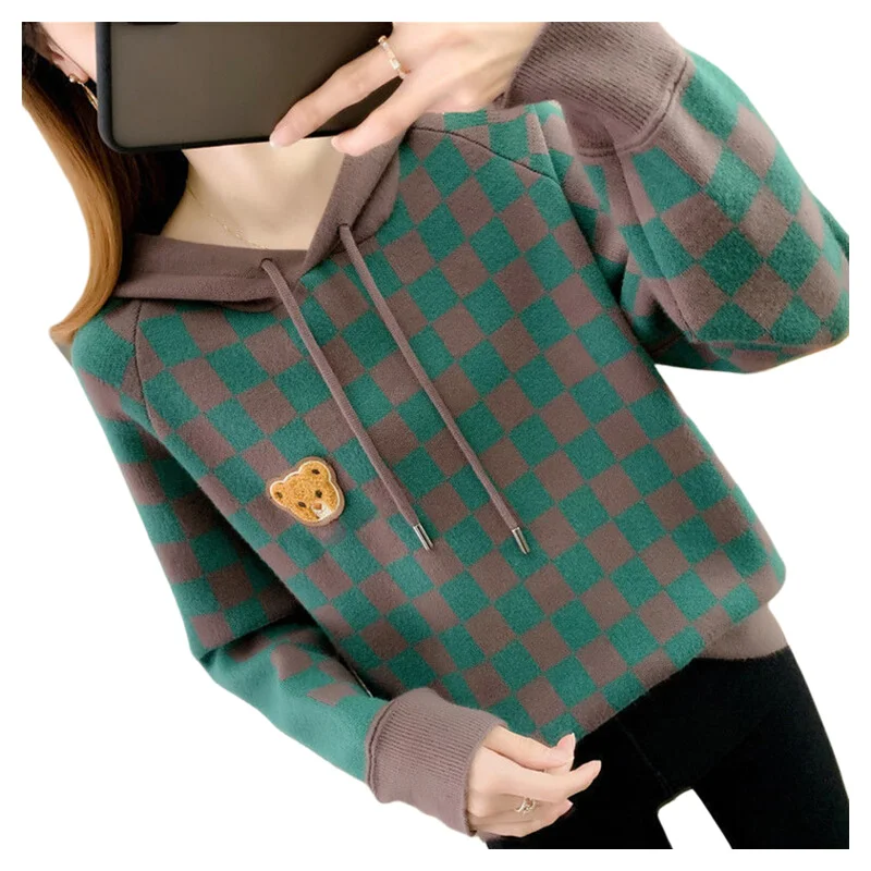 Женский трикотажный пуловер с капюшоном универсальный Свободный для похудения