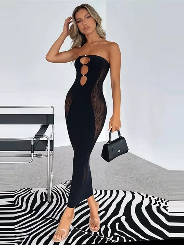 

WJFZQM Off Shoulder Sleeveless Strapless Hollow Out Bodycon Dresses Black Sexy Women Party Dress 2022 Summer Solid Long Dresses