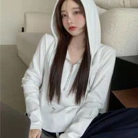 japan style sweet v neck zipper slim short hoodies solid high waist long sleeve tops women casual all match irregular t shirt